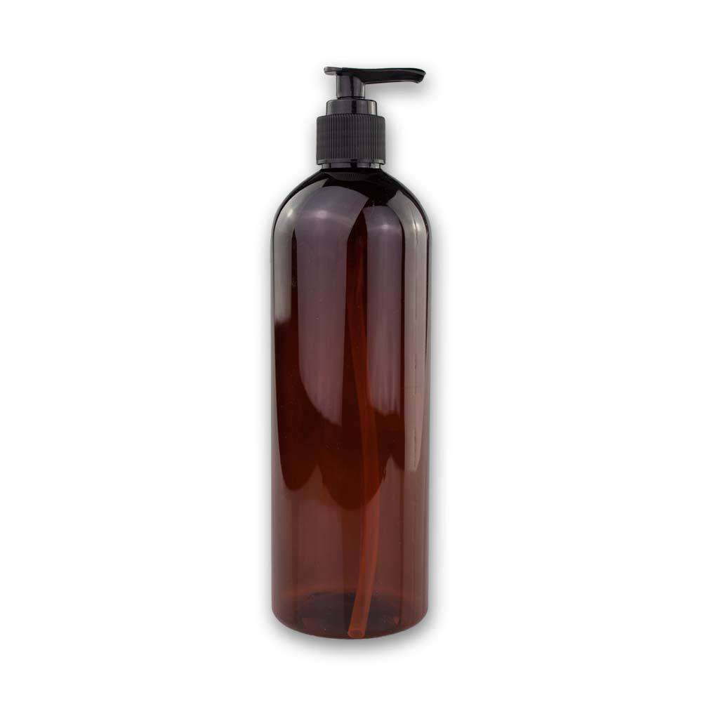 16 oz Amber PET Plastic Cosmo Bottle w/ Black Pump Top Plastic Lotion Bottles Your Oil Tools 
