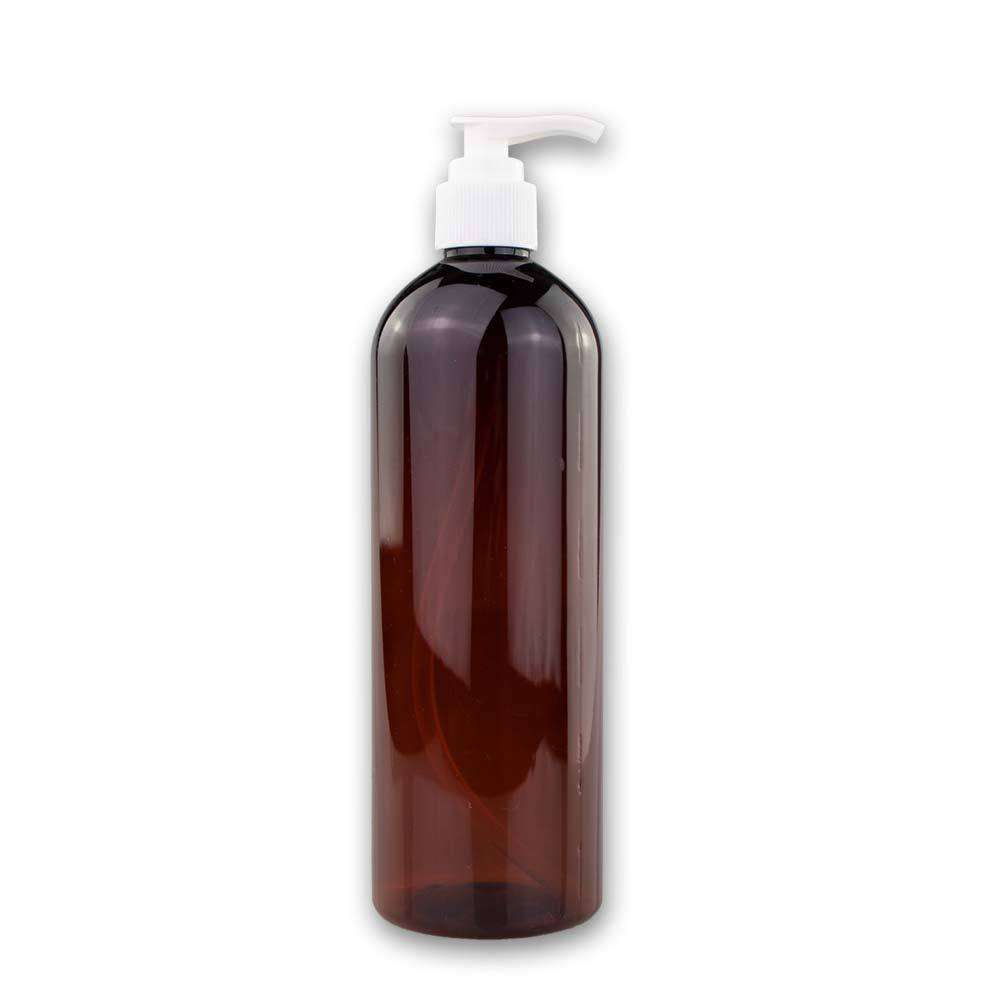 16 oz Amber PET Plastic Cosmo Bottle w/ White Pump Top Plastic Lotion Bottles Your Oil Tools 