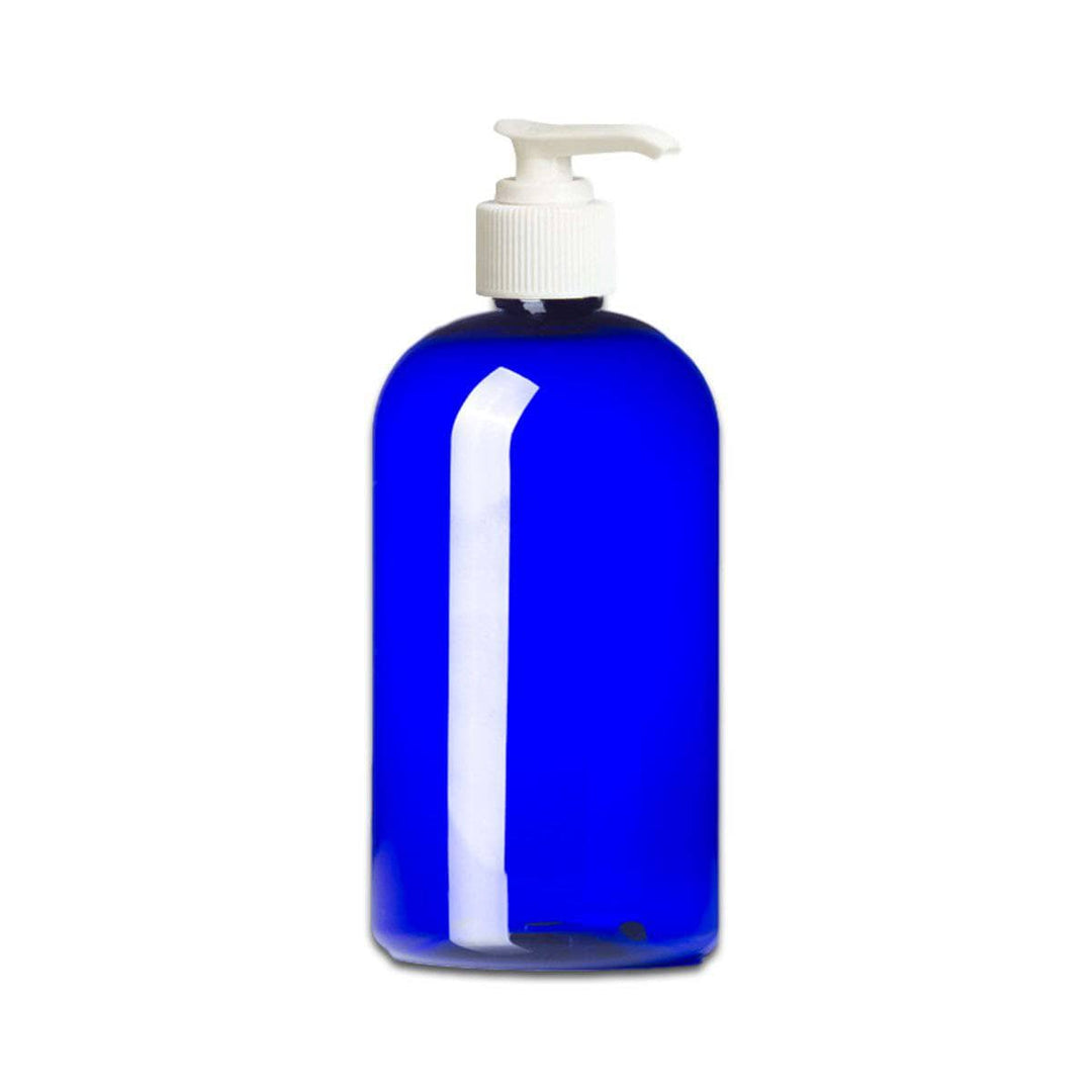 16 oz Blue PET Plastic Boston Round Bottle w/ White Pump Top Plastic Lotion Bottles Your Oil Tools 