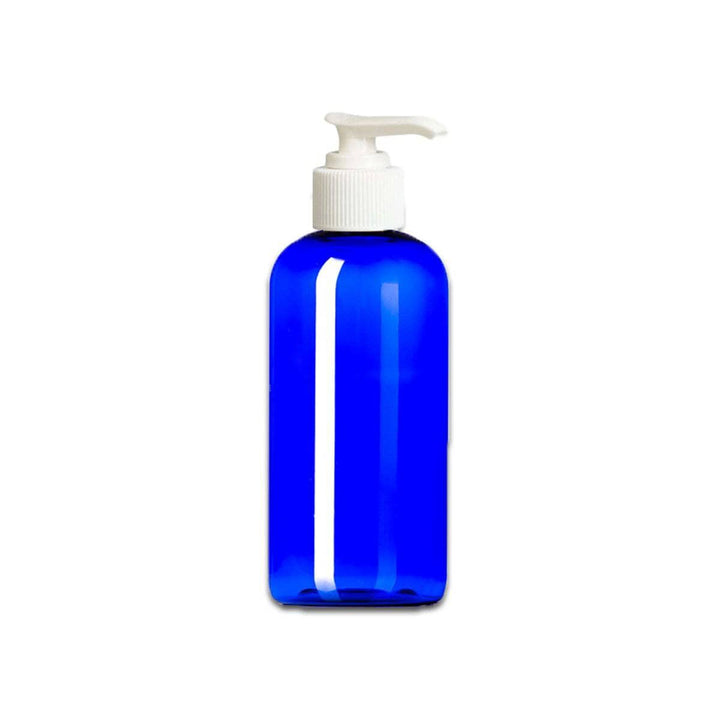 4 oz Blue PET Plastic Boston Round Bottle w/ White Pump Top Plastic Lotion Bottles Your Oil Tools 