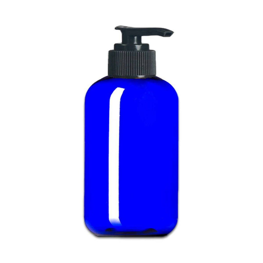 8 oz Blue PET Plastic Boston Round Bottle w/ Black Pump Top Plastic Lotion Bottles Your Oil Tools 