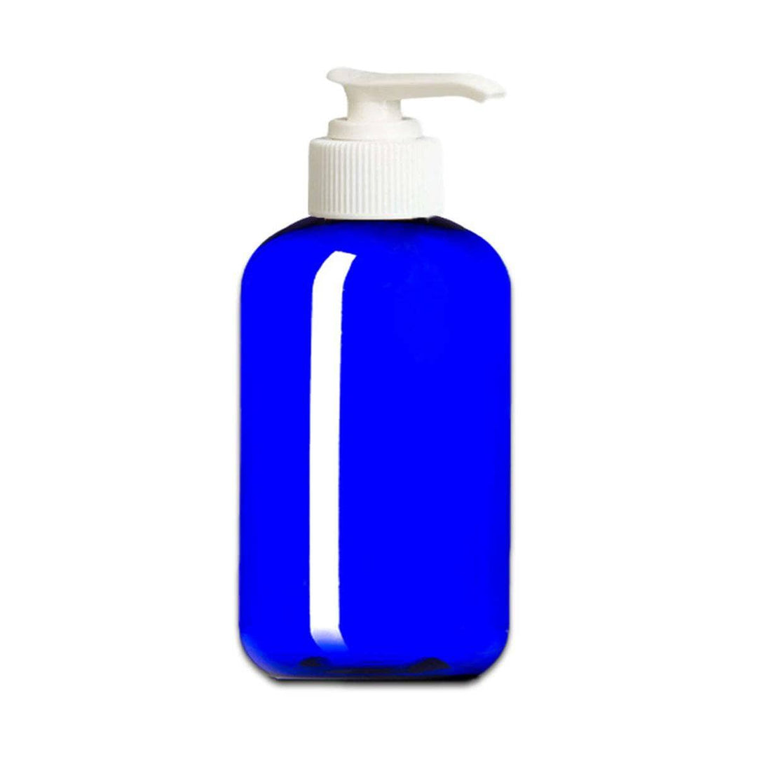 8 oz Blue PET Plastic Boston Round Bottle w/ White Pump Top Plastic Lotion Bottles Your Oil Tools 