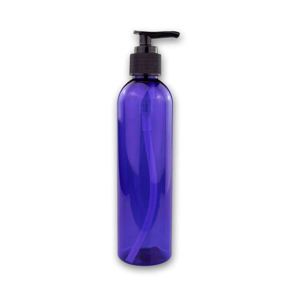 8 oz Blue PET Plastic Cosmo Bottle w/ Black Pump Top Plastic Lotion Bottles Your Oil Tools 