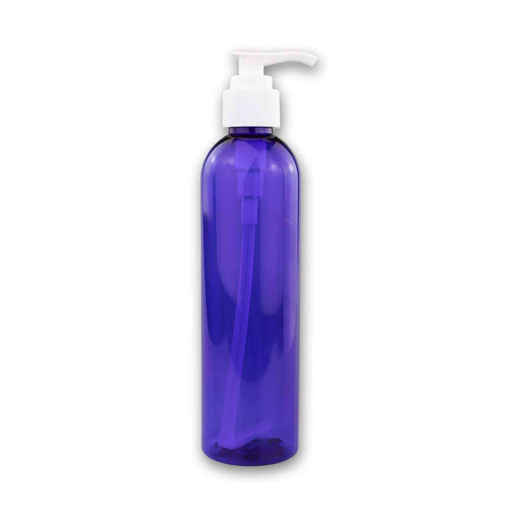 8 oz Blue PET Plastic Cosmo Bottle w/ White Pump Top Plastic Lotion Bottles Your Oil Tools 