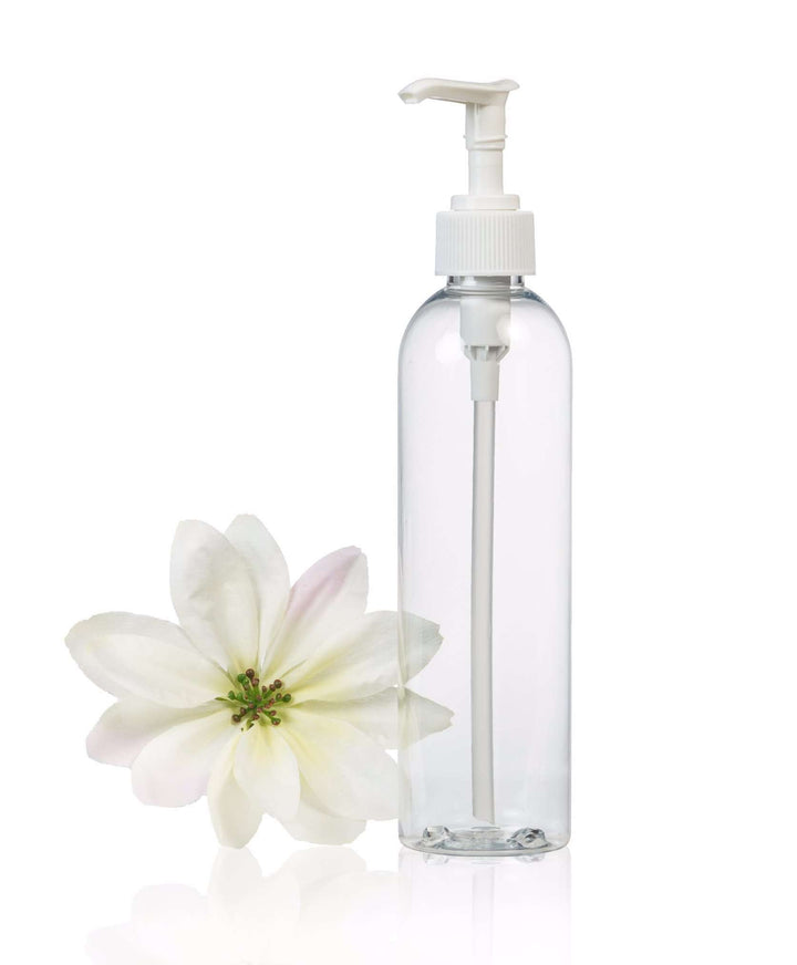 8 oz Clear PET Plastic Cosmo Bottle w/ White Pump Top Plastic Lotion Bottles Your Oil Tools 