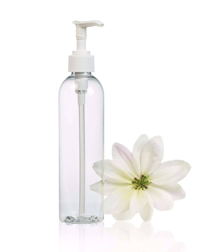 8 oz Clear PET Plastic Cosmo Bottle w/ White Pump Top Plastic Lotion Bottles Your Oil Tools 