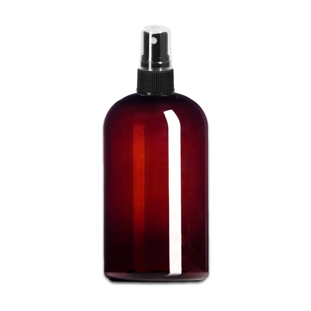 16 oz Amber PET Plastic Boston Round Bottle w/ Black Fine Mist Top Plastic Spray Bottles Your Oil Tools 