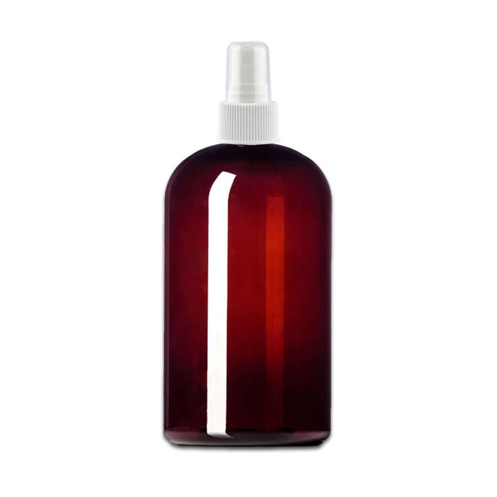 16 oz Amber PET Plastic Boston Round Bottle w/ White Fine Mist Top Plastic Spray Bottles Your Oil Tools 