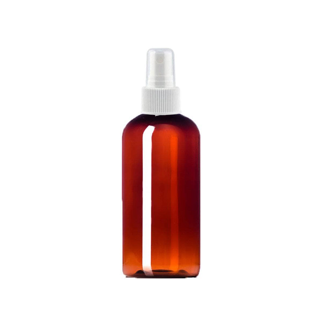 4 oz Amber PET Plastic Boston Round Bottle w/ White Fine Mist Top Plastic Spray Bottles Your Oil Tools 