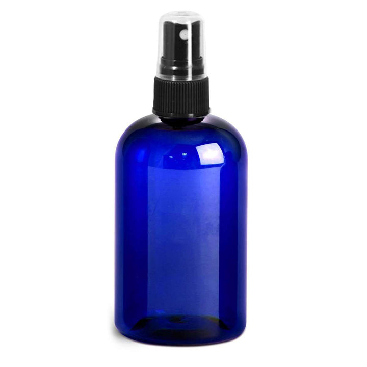 4 oz Blue PET Plastic Boston Round Bottle 20 mm w/ Black Fine Mist Top Plastic Spray Bottles Your Oil Tools 