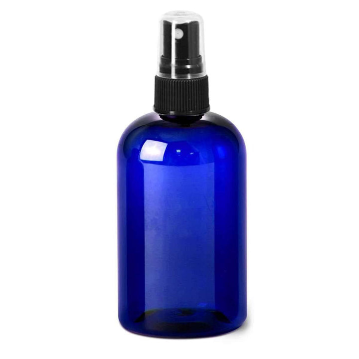 4 oz Blue PET Plastic Boston Round Bottle 20 mm w/ Black Fine Mist Top Plastic Spray Bottles Your Oil Tools 