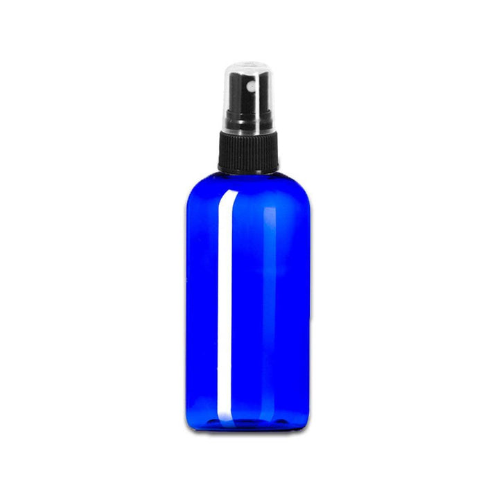 4 oz Blue PET Plastic Boston Round Bottle w/ Black Fine Mist Top Plastic Spray Bottles Your Oil Tools 