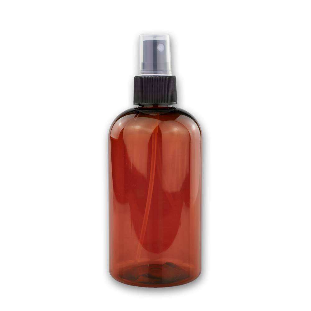 8 oz Amber PET Plastic Boston Round Bottle w/ Black Fine Mist Top Plastic Spray Bottles Your Oil Tools 