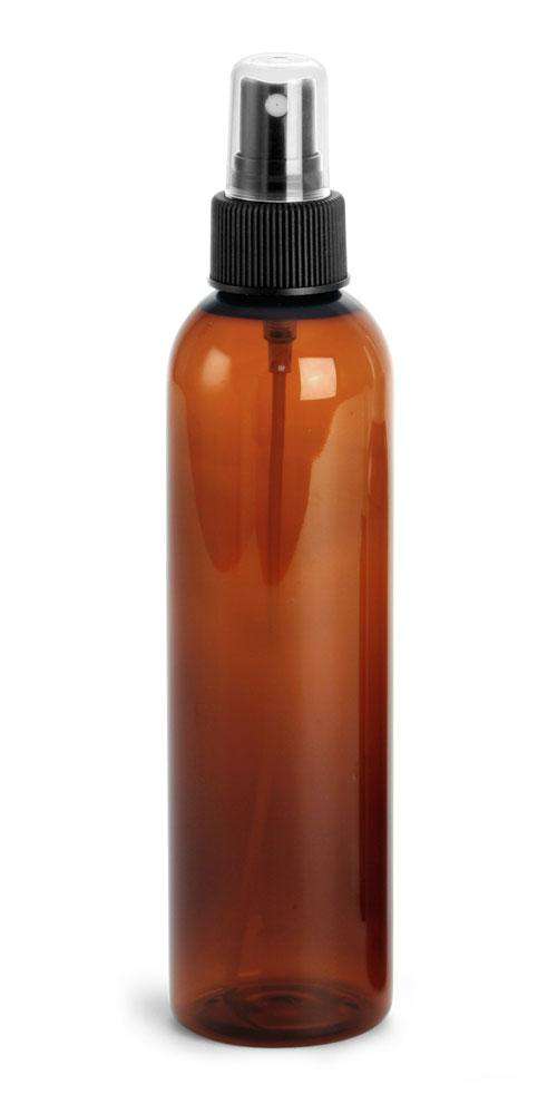 8 oz Amber PET Plastic Cosmo Bottle w/ Black Fine Mist Top Plastic Spray Bottles Your Oil Tools 