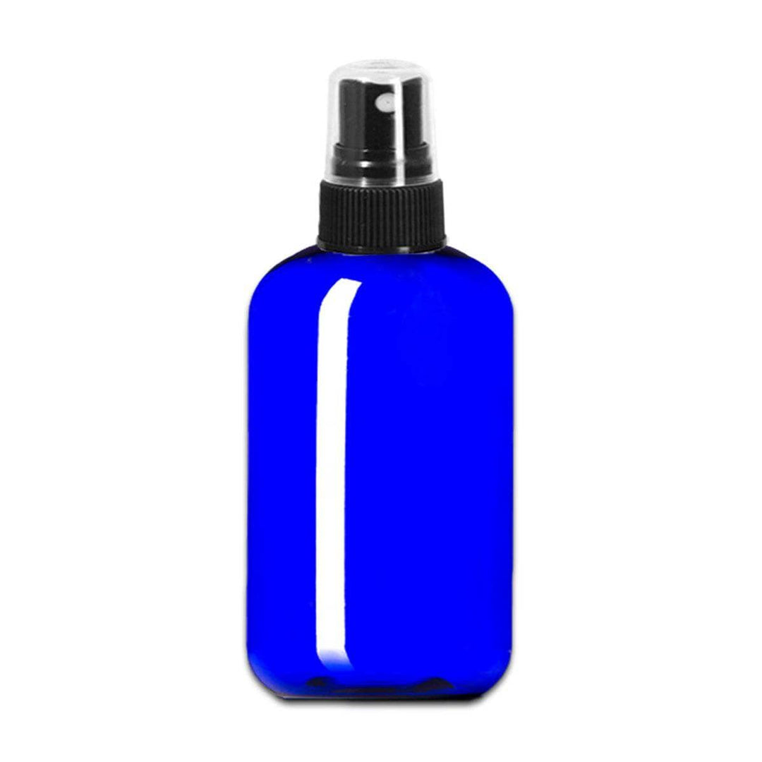 8 oz Blue PET Plastic Boston Round Bottle w/ Black Fine Mist Top Plastic Spray Bottles Your Oil Tools 
