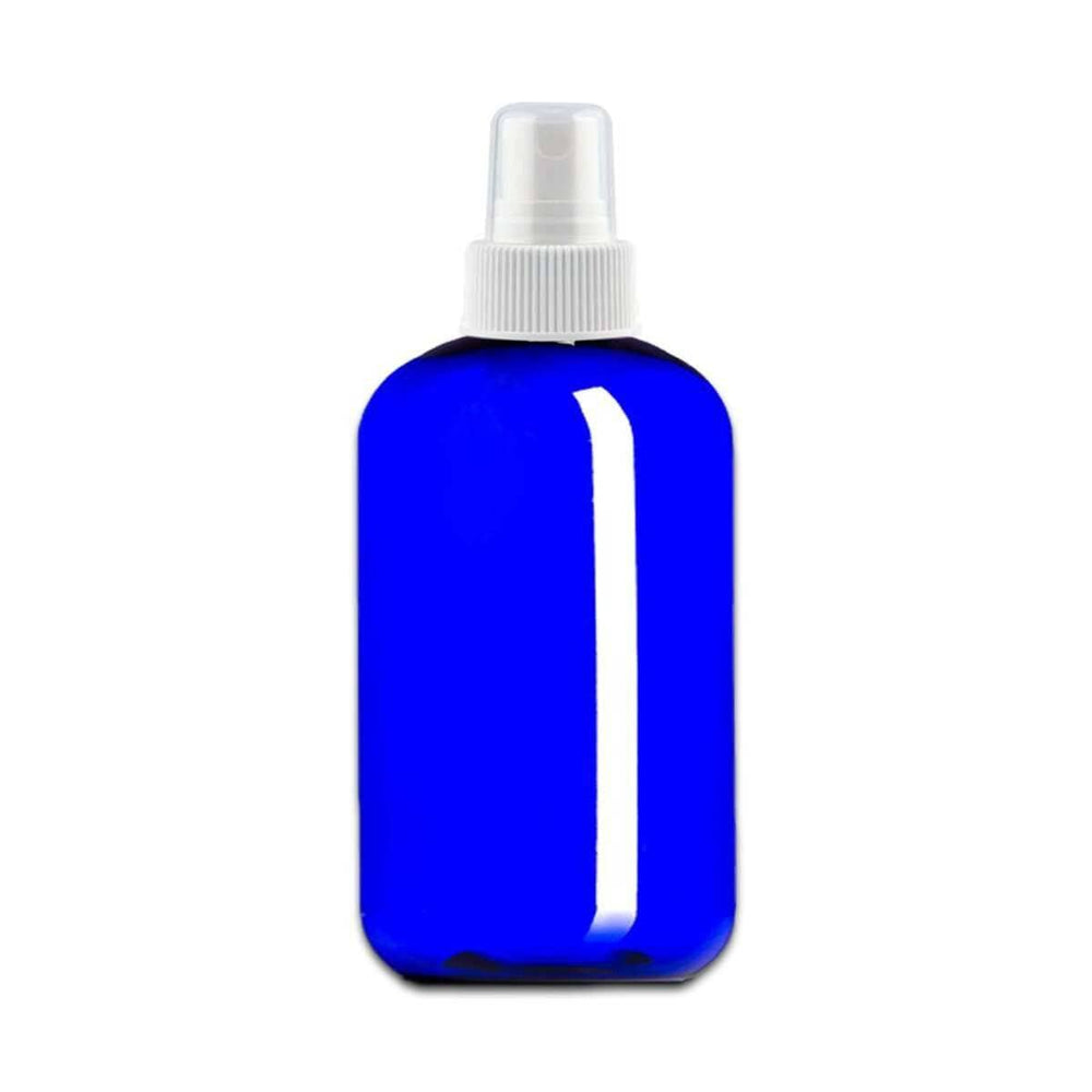 8 oz Blue PET Plastic Boston Round Bottle w/ White Fine Mist Top Plastic Spray Bottles Your Oil Tools 