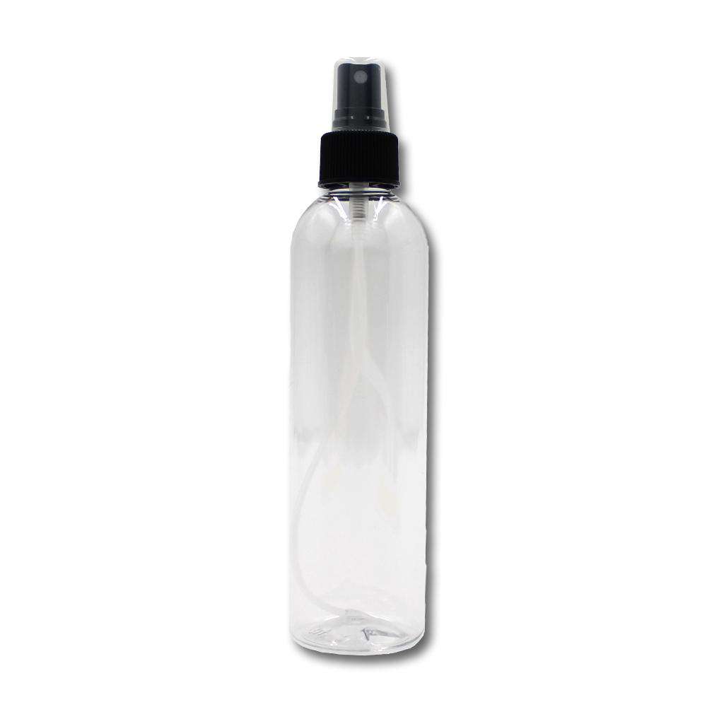 8 oz Clear PET Plastic Cosmo Bottle w/ Black Fine Mist Top Plastic Spray Bottles Your Oil Tools 