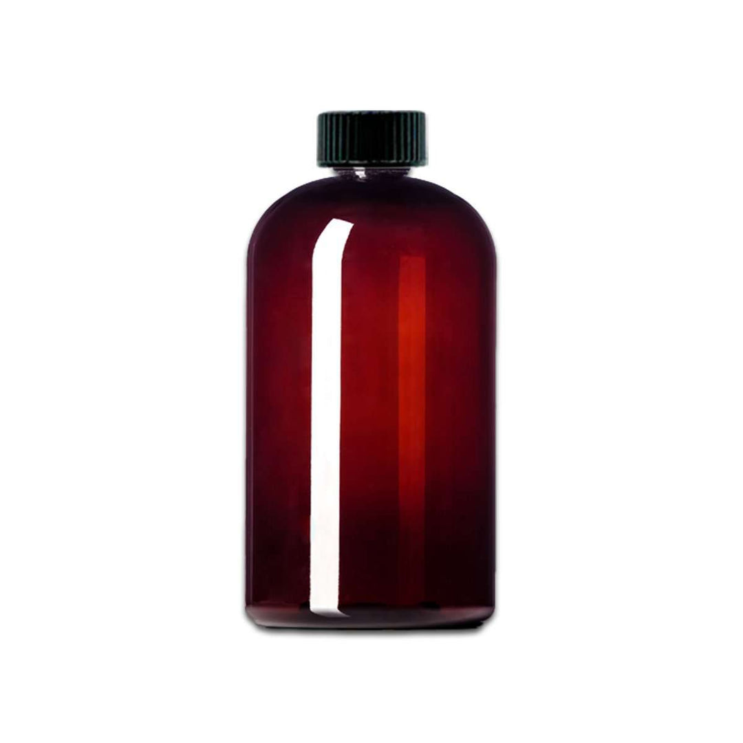 16 oz Amber PET Plastic Boston Round Bottle w/ Black Storage Cap