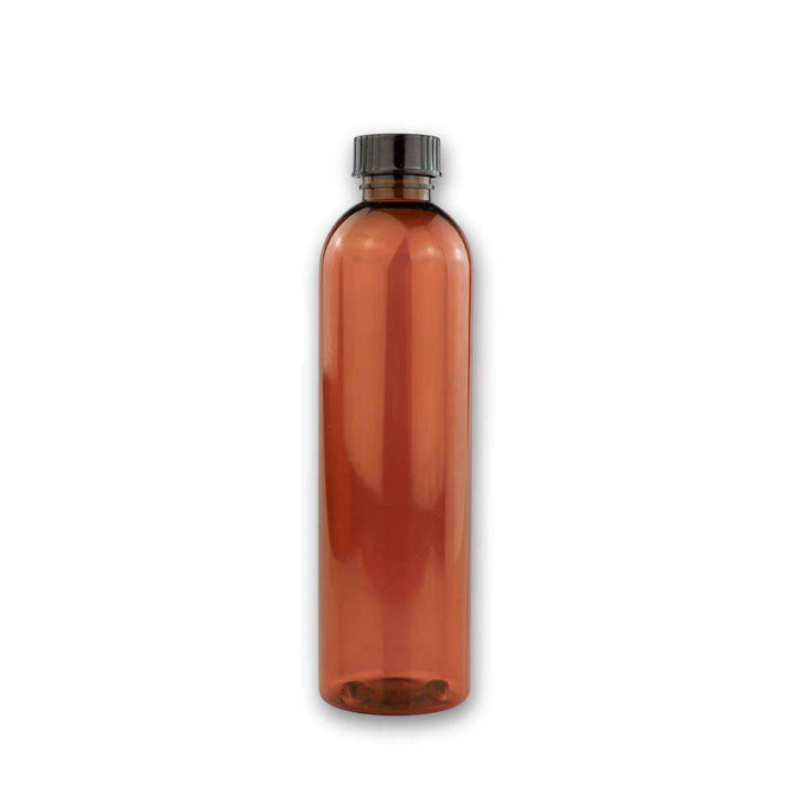 8 oz Amber PET Plastic Cosmo Bottle w/ Black Storage Cap Plastic Storage Bottles Your Oil Tools 